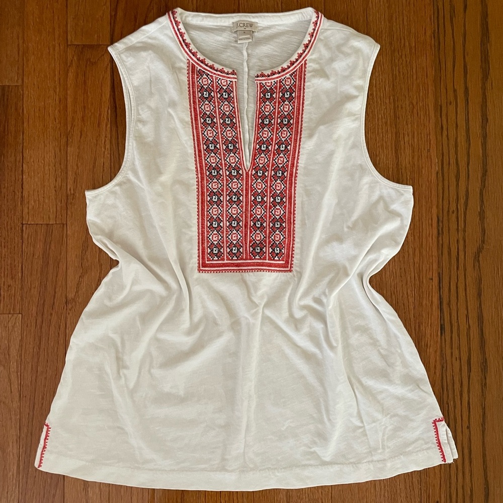 J. Crew White Tank Top with Red Embroidery
